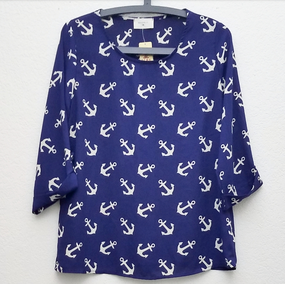 NWT Everly Blue 3/4 Sleeve Anchor Blouse